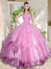 Popular Rose Pink Really Puffy Quinceanera Dress with Beading and Ruffles Layers