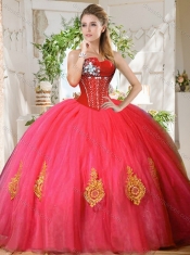 Romantic Beaded and Gold Applique Really Puffy Quinceanera Dress in Red