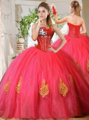 Romantic Beaded and Gold Applique Really Puffy Quinceanera Dress in Red