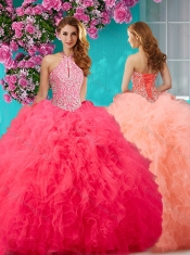 Romantic Beading and Ruffles Halter Top Quinceanera Dress with Puffy Skirt