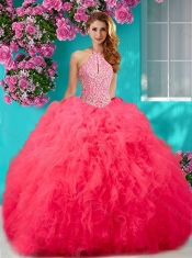 Romantic Beading and Ruffles Halter Top Quinceanera Dress with Puffy Skirt