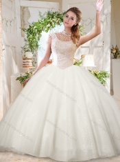 See Through White Ball Gowns High Neck Sequins Beaded Quinceanera Dress with Zipper Up