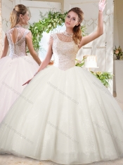 See Through White Ball Gowns High Neck Sequins Beaded Quinceanera Dress with Zipper Up