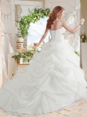 White Ball Gown Sweetheart Organza Court Train Beaded and Bubbles Quinceanera Dress