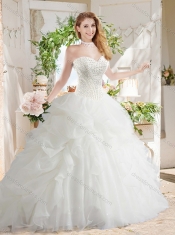 White Ball Gown Sweetheart Organza Court Train Beaded and Bubbles Quinceanera Dress