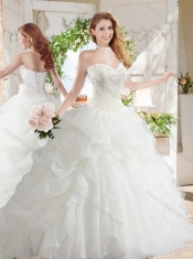 White Ball Gown Sweetheart Organza Court Train Beaded and Bubbles Quinceanera Dress