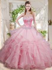 Wonderful Beaded and Ruffled Layer Big Puffy Cheap Quinceanera Dress in Baby Pink