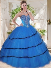 Wonderful Beaded and Ruffled Layers Blue Classical Quinceanera Gown in Organza