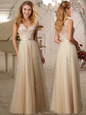 Cheap Applique Tulle Champagne Dama Dress with Deep V Neck