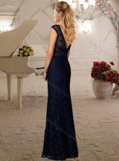 Cheap Cap Sleeves Column Laced Dama Dress with Beading and Belt