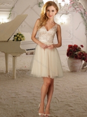 Cheap Fashionable Deep V Neck Champagne Short Dama Dress with Appliques
