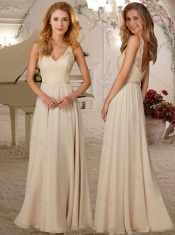 Classical Deep V Neck Champagne Dama Dress with Lace and Beading