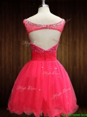 Elegant Beaded Bodice Open Back Organza Prom Dress in Coral Red