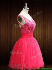 Elegant Beaded Bodice Open Back Organza Prom Dress in Coral Red