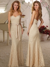 Exclusive Spaghetti Straps Beaded and Ribboned Dama Dress in Champagne