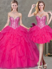 Fashionable Visible Boning Sequined Tulle Detachable Quinceanera Gowns in Hot Pink