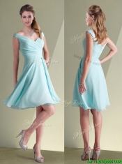 Lovely Chiffon Off the Shoulder Aqua Blue Dama Dress with Ruching