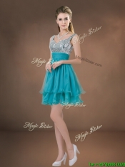 Luxurious Beaded and Ruffled Quinceanera Dress and Sweet Spaghetti Straps Teal Mini Qwuinceanera Dress and Discount Sequined Short Dama Dresses