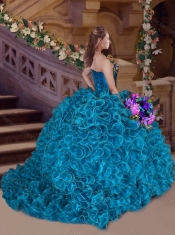 Luxurious Beaded Top and Ruffled Peacock Quinceanera Dress and Pretty Puffy Skirt Mini Quinceanera Dress and Romantic Teal Short Dama Dresses