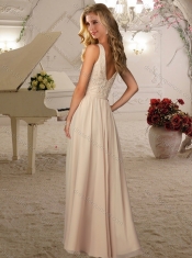 Luxurious V Neck Champagne Long Dama Dress with Beading and Belt