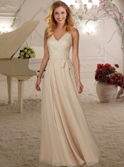 Luxurious V Neck Champagne Long Dama Dress with Beading and Belt