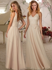 Luxurious V Neck Champagne Long Dama Dress with Beading and Belt