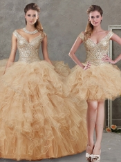 Off the Shoulder Champagne Detachable Quinceanera Dresses with Beading and Ruffles