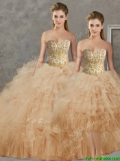 Wonderful Big Puffy Champagne Detachable Quinceanera Dresses with Beading and Ruffles