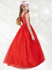 Adorable  Asymmetrical Neckline Red Little Girl Pageant Dress with Beading