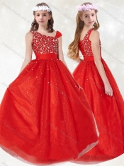 Adorable Asymmetrical Neckline Red Little Girl Pageant Dress with Beading