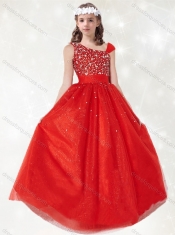 Adorable  Asymmetrical Neckline Red Little Girl Pageant Dress with Beading