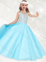 Adorable  Beaded Baby Blue Little Girl Pageant Dress with Halter Top