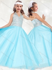 Adorable Beaded Baby Blue Little Girl Pageant Dress with Halter Top