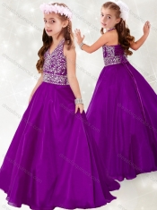 Adorable Halter Top A Line Purple Little Girl Pageant Dress with Beading