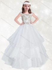 Adorable Scoop White Little Girl Pageant Dress with Beading and Ruffled Layers