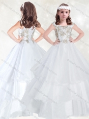 Adorable Scoop White Little Girl Pageant Dress with Beading and Ruffled Layers