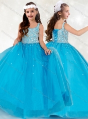 Adorable Straps Aqua Blue Little Girl Pageant Dress with Beading