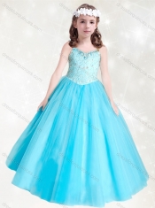 Adorable Straps Beaded Little Girl Pageant Dress in Aqua Blue