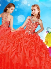 Artistic Beaded and Ruffled Adorable Little Girl Pageant Dress in Coral Red