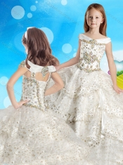 Discount Cap Sleeves Beaded Adorable Little Girl Pageant Dress with Off the Shoulder