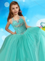 Fashionable Beaded Open Back Adorable Little Girl Pageant Dress in Turquoise