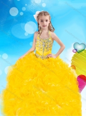 Most Popular Halter Top Yellow Mini Quinceanera Dress with Beading and Pick Ups