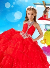 New Arrivals Halter Top Big Puffy Adorable Little Girl Pageant Dress with Beading and Ruffled Layers
