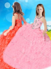 Popular Halter Top Rolling Flowers Adorable Little Girl Pageant Dress in Baby Blue