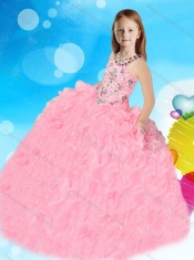 Popular Halter Top Rolling Flowers Adorable Little Girl Pageant Dress in Baby Blue