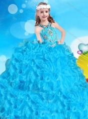 Popular Halter Top Rolling Flowers Adorable Little Girl Pageant Dress in Baby Blue