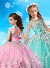 See Through Cap Sleeves Adorable Little Girl Pageant Dress with Beading and Appliques