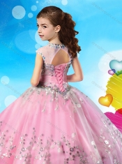 See Through Cap Sleeves Adorable Little Girl Pageant Dress with Beading and Appliques
