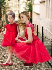 2016 Feminine High Neck Backless Prom Dress in Red and Beautiful Mini Length Little Girl Dress with Cap Sleeves