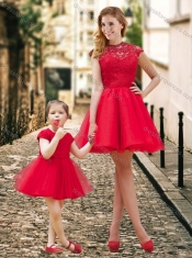 2016 Feminine High Neck Backless Prom Dress in Red and Beautiful Mini Length Little Girl Dress with Cap Sleeves